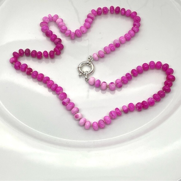 Hot Pink Opals Hand Knotted Light Pink Silk With 925 Sterling Silver Clasp. 21” - Picture 4 of 11